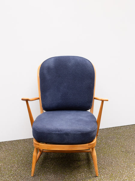 Ercol Windsor 335 Armchair - Fully Restored - Blue/Grey Wool Covers