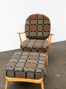 Ercol Windsor 203 Armchair & 341 Footstool - Fully Restored - Welsh Tapestry Covers - Orange & Black