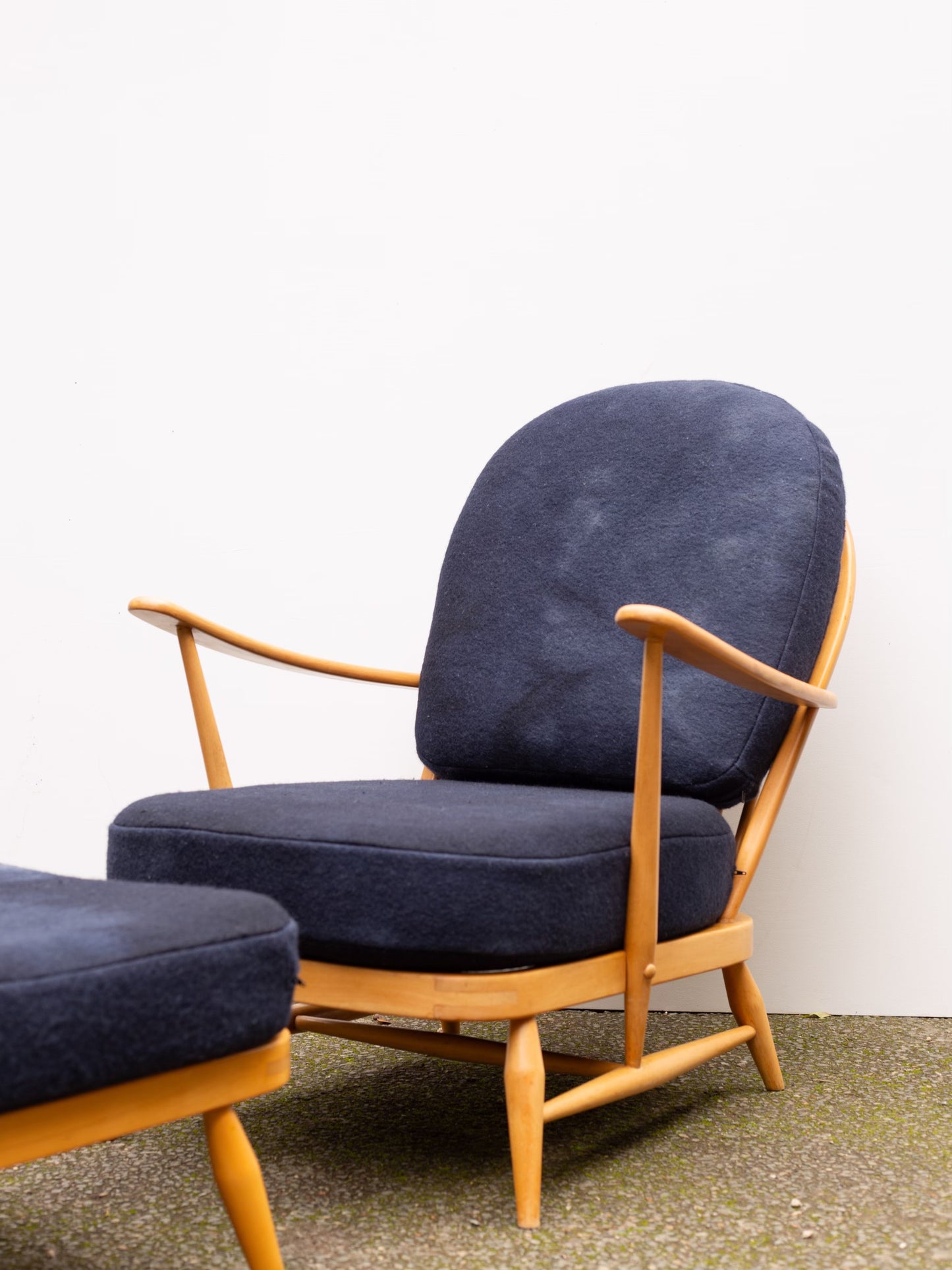 Ercol Windsor 203 Armchair - Fully Restored - Set of Two Chairs & One Footstool - Dark Blue