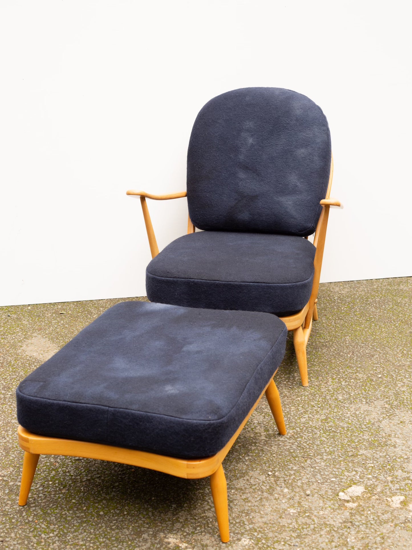 Ercol Windsor 203 Armchair - Fully Restored - Set of Two Chairs & One Footstool - Dark Blue