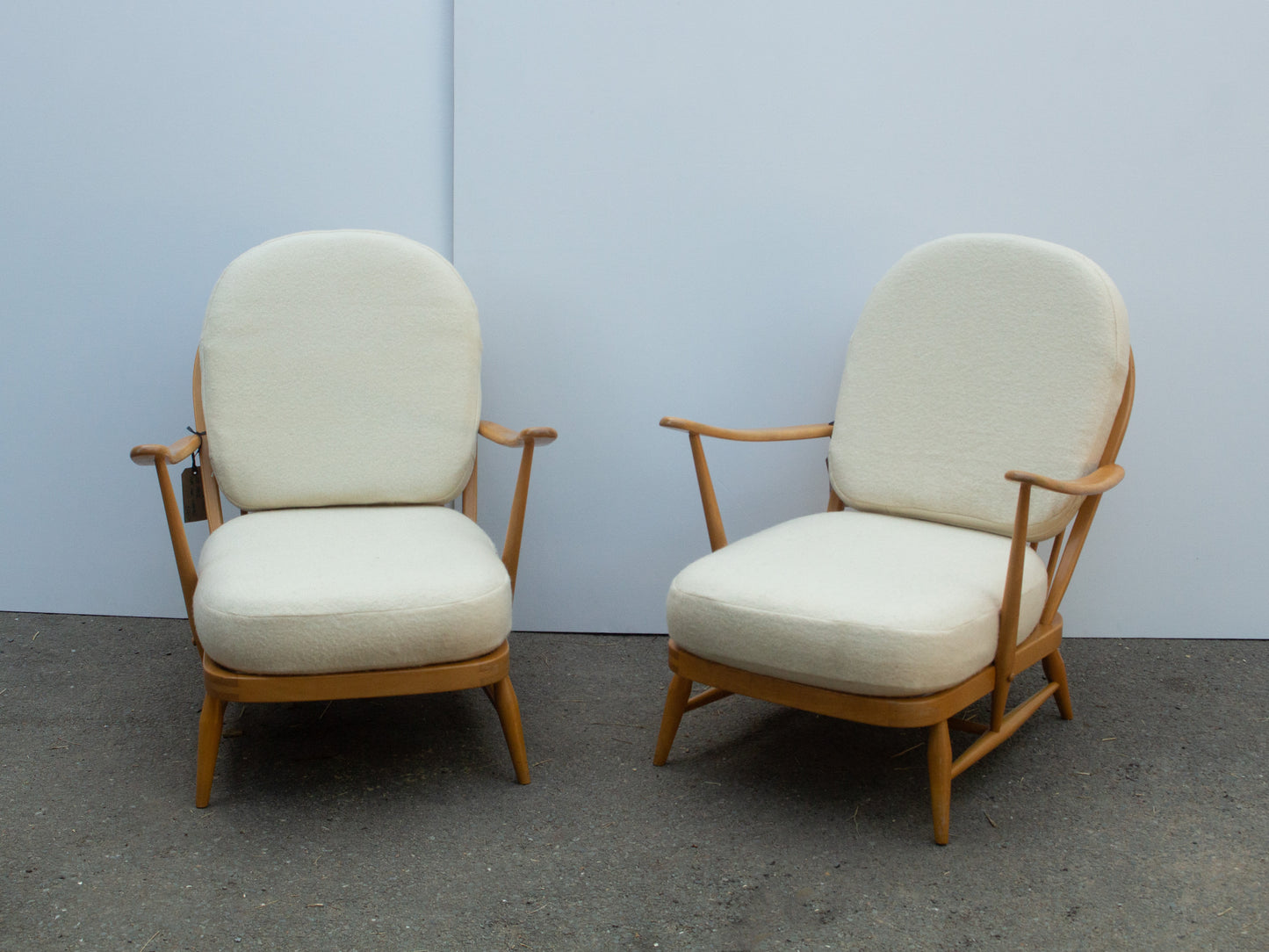 Ercol Windsor 203 Armchair - Fully Restored - Cream Wool Covers - Set of Two Chairs