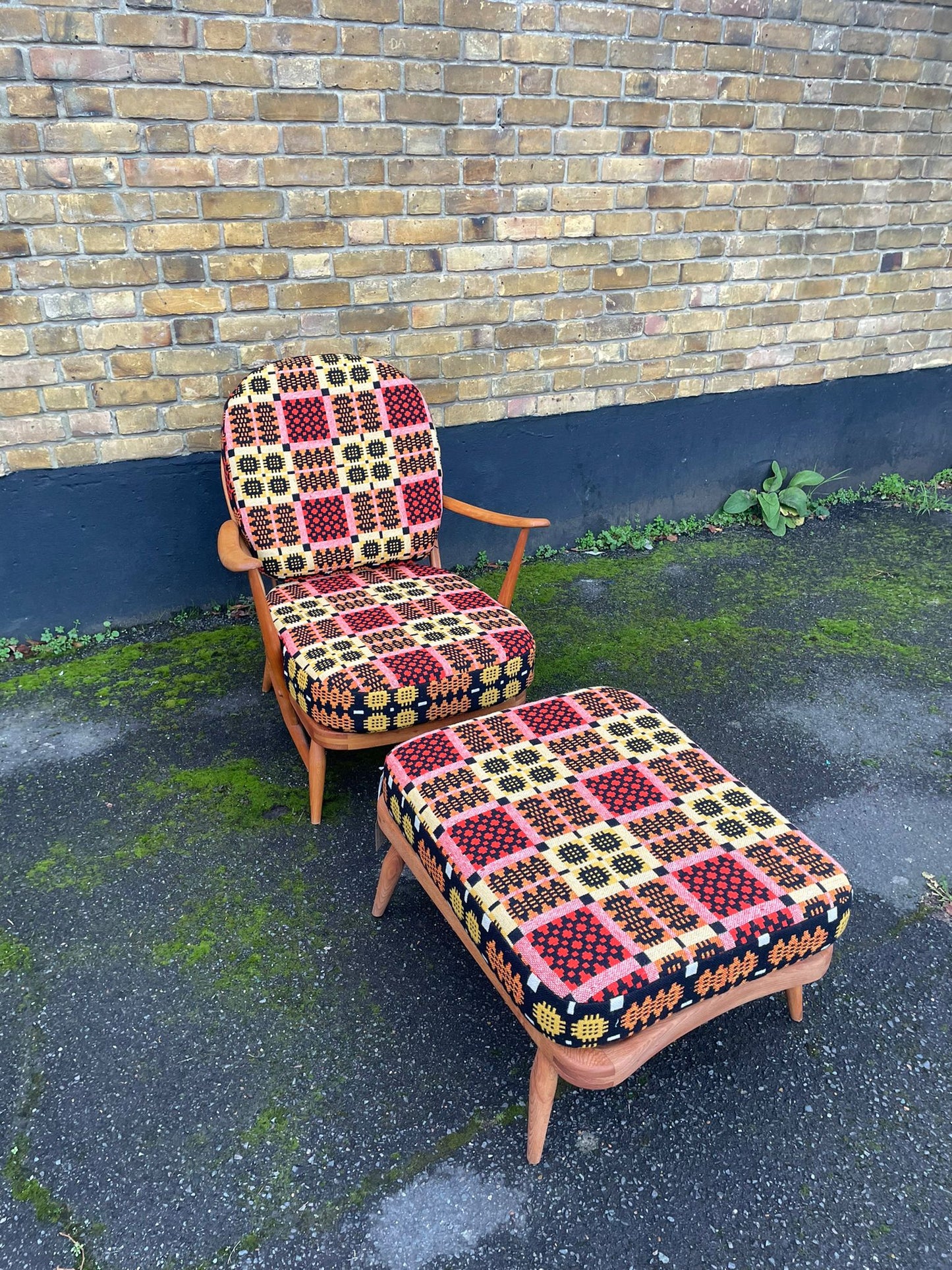 Ercol Windsor 203 Armchair & 341 Footstool - Fully Restored - Welsh Tapestry Covers - Red/Pink, Orange, Yellow & Black