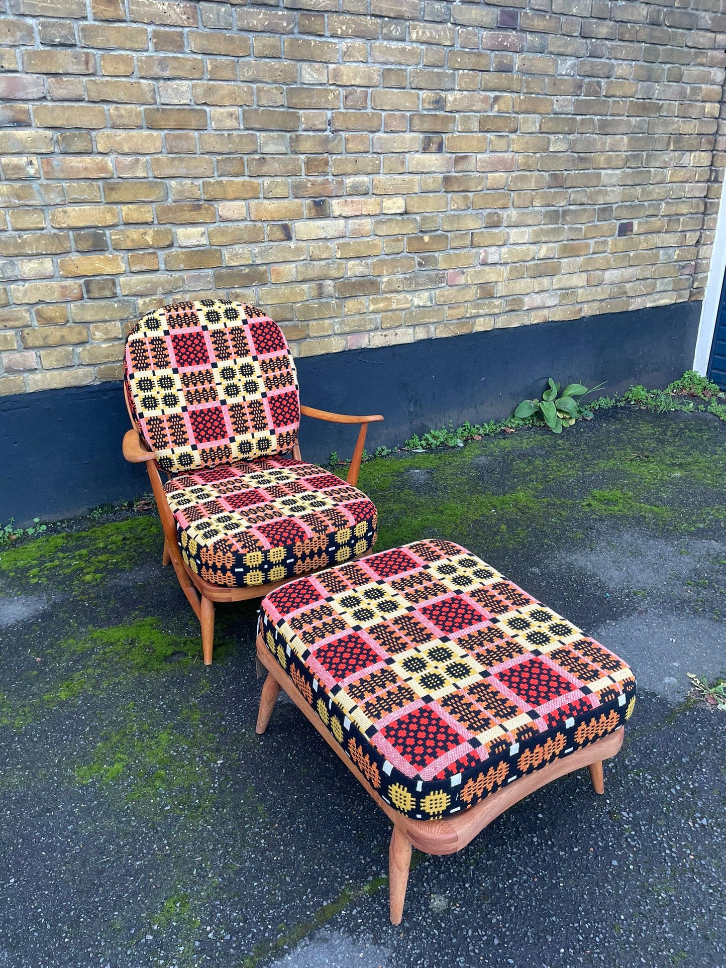 Ercol Windsor 203 Armchair & 341 Footstool - Fully Restored - Welsh Tapestry Covers - Red/Pink, Orange, Yellow & Black