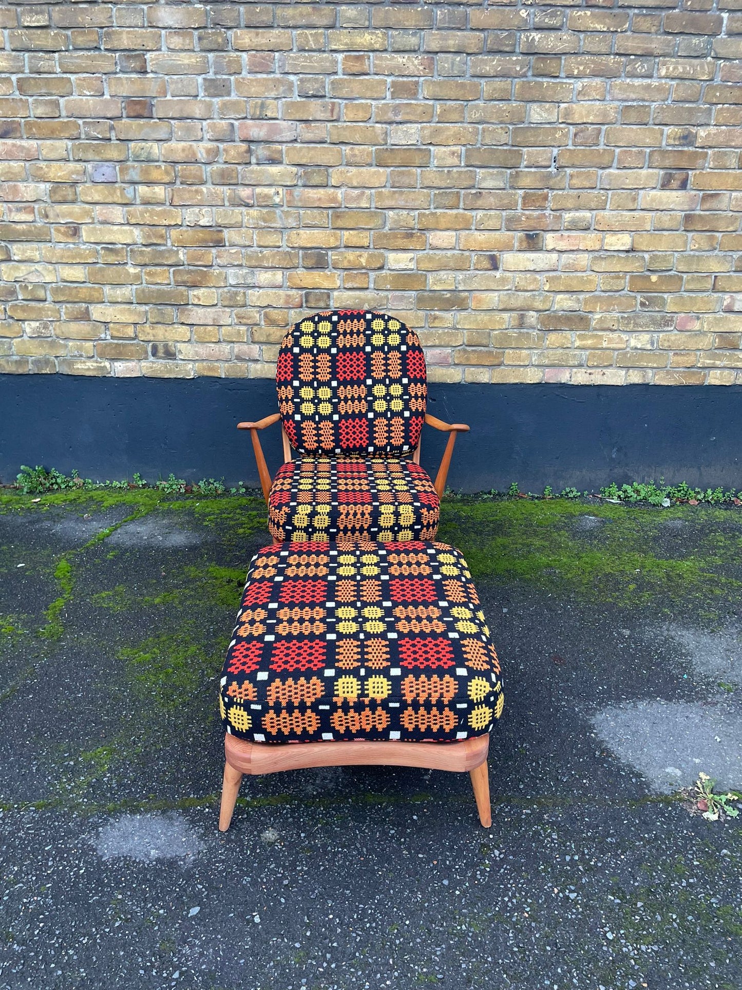 Ercol Windsor 203 Armchair & 341 Footstool - Fully Restored - Welsh Tapestry Covers - Red/Pink, Orange, Yellow & Black