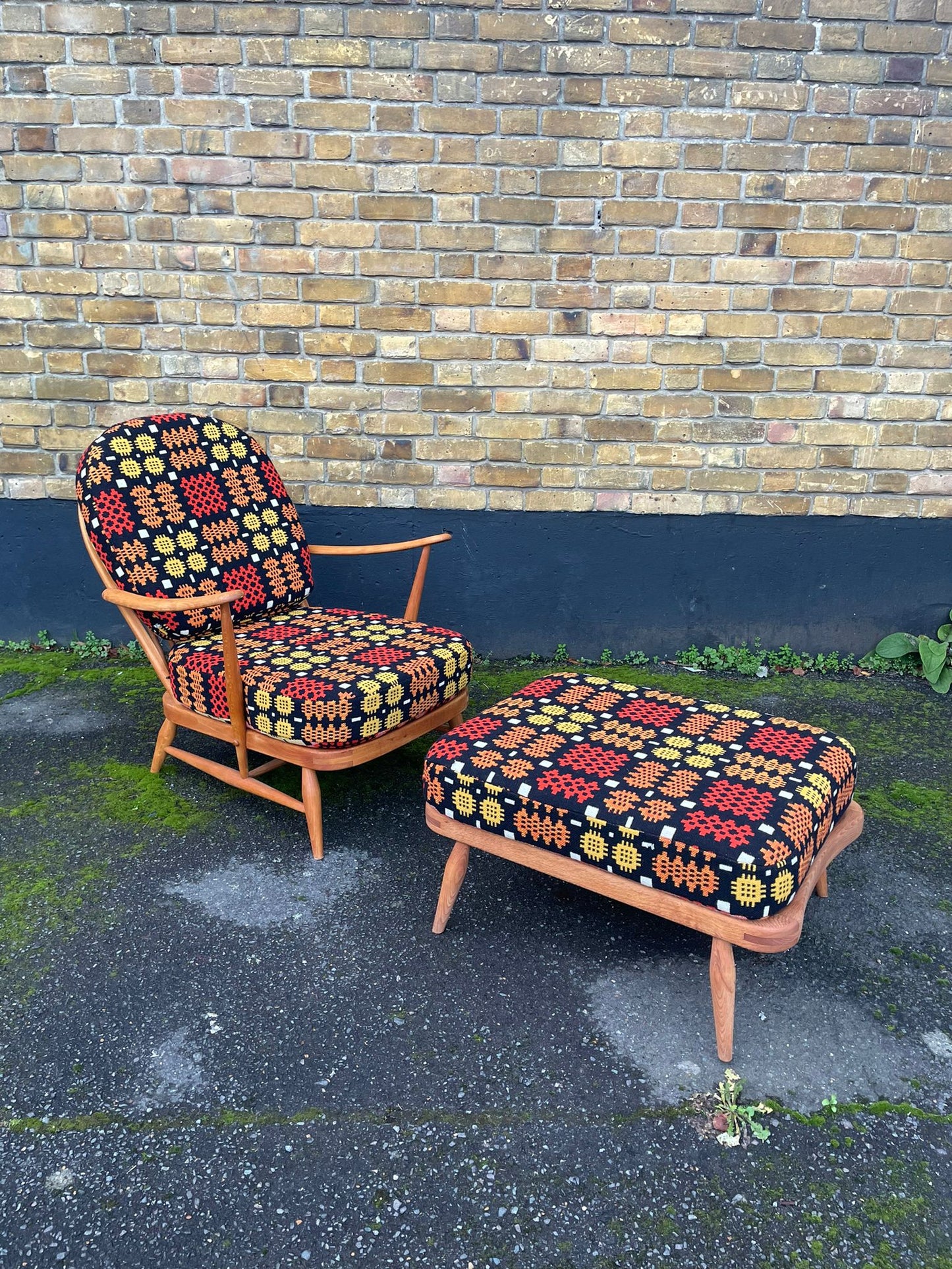 Ercol Windsor 203 Armchair & 341 Footstool - Fully Restored - Welsh Tapestry Covers - Red/Pink, Orange, Yellow & Black