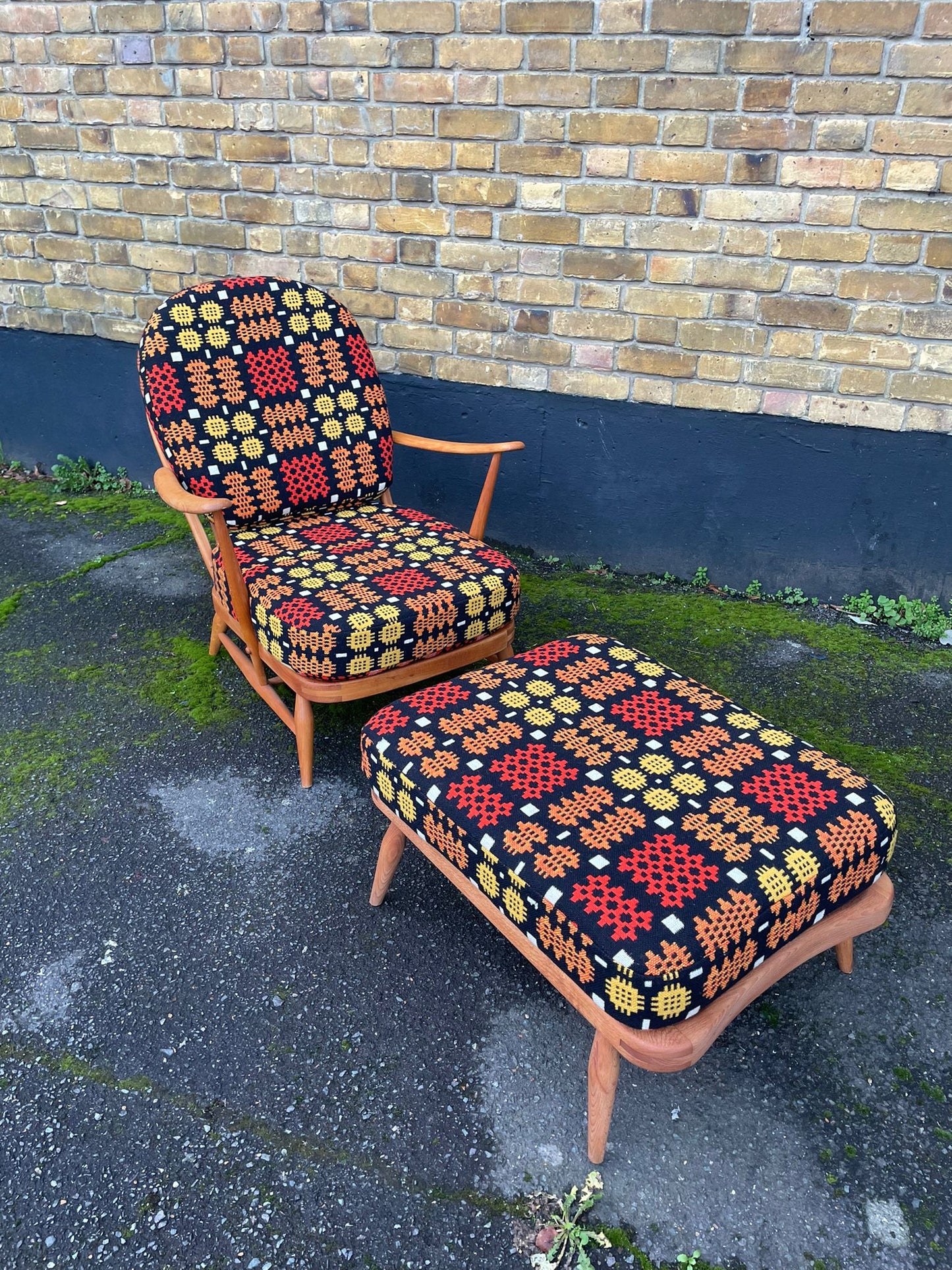 Ercol Windsor 203 Armchair & 341 Footstool - Fully Restored - Welsh Tapestry Covers - Red/Pink, Orange, Yellow & Black