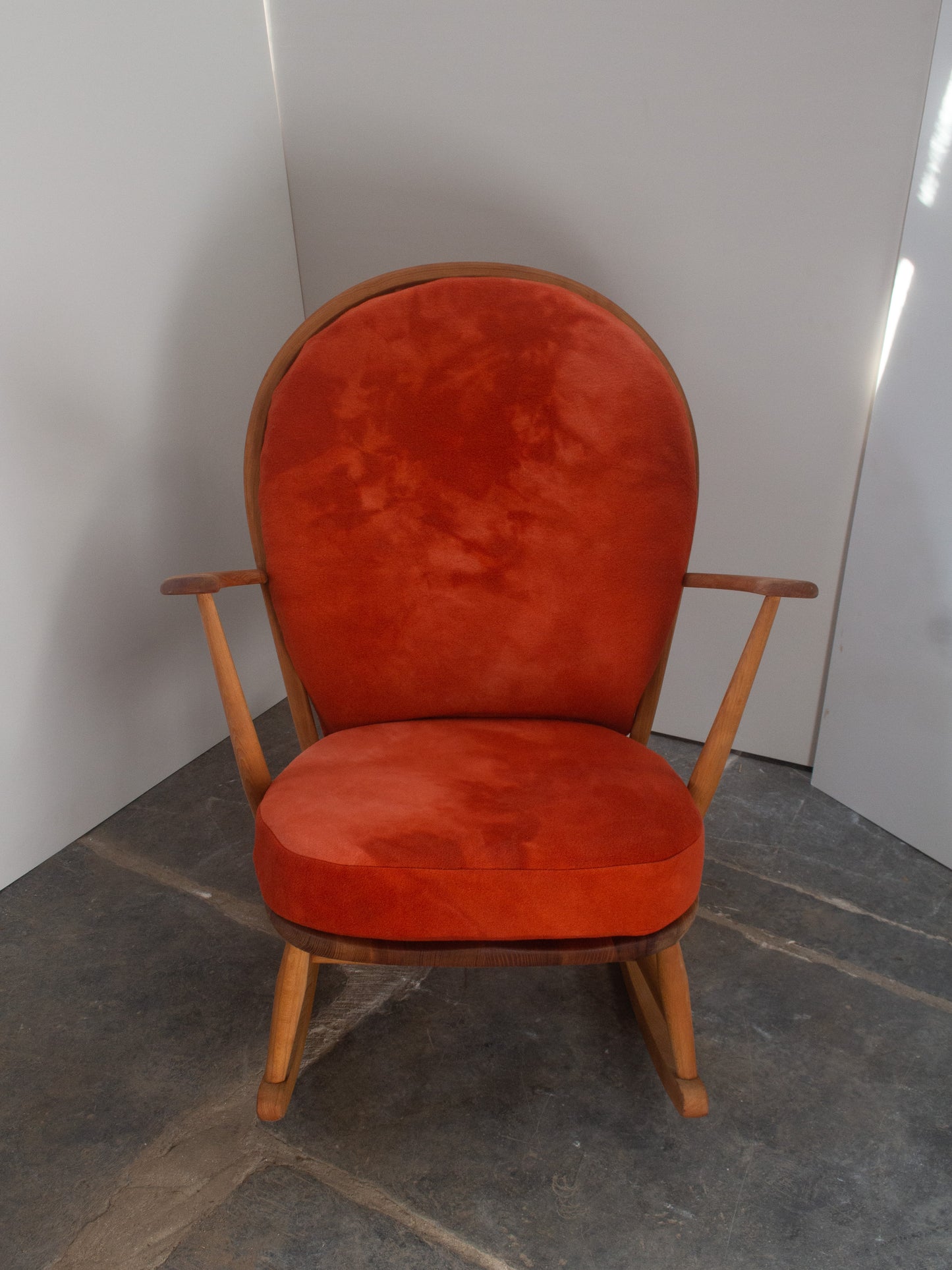 Ercol Blonde Rocking Chair - Orange Merino Wool Covers