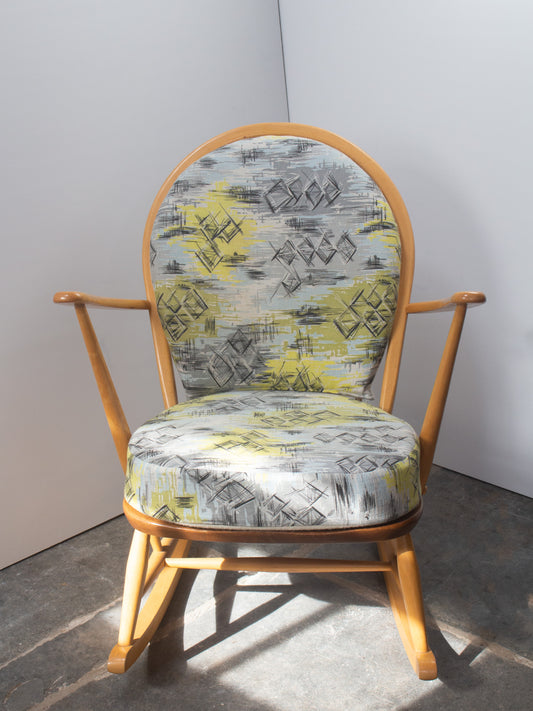 Ercol Windsor Blonde 405 Rocking Chair - 1950's Barkcloth & Wool Covers